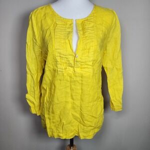 Solow Linen Tunic Blouse Womens Small Yellow Pintuck Pleated V-Neck Boho Summer